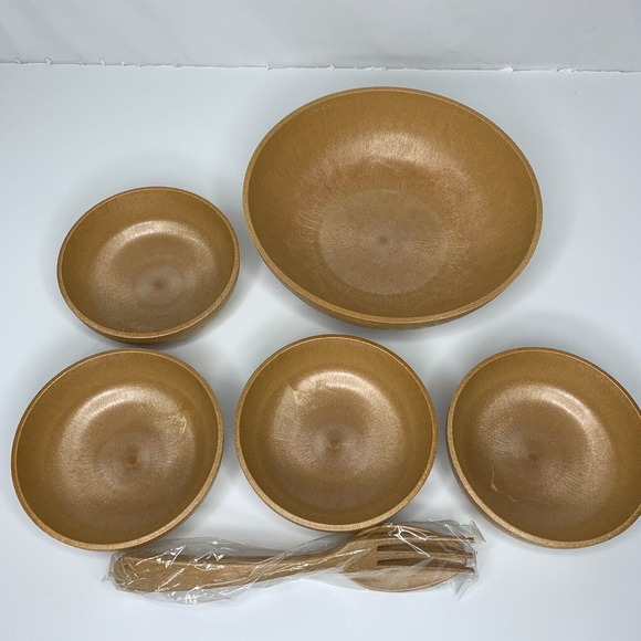 Vintage Nevco 7 Pc Wood Lite Salad Set Plastic Serving Bowl Salad Bowls Utensils - Picture 5 of 11